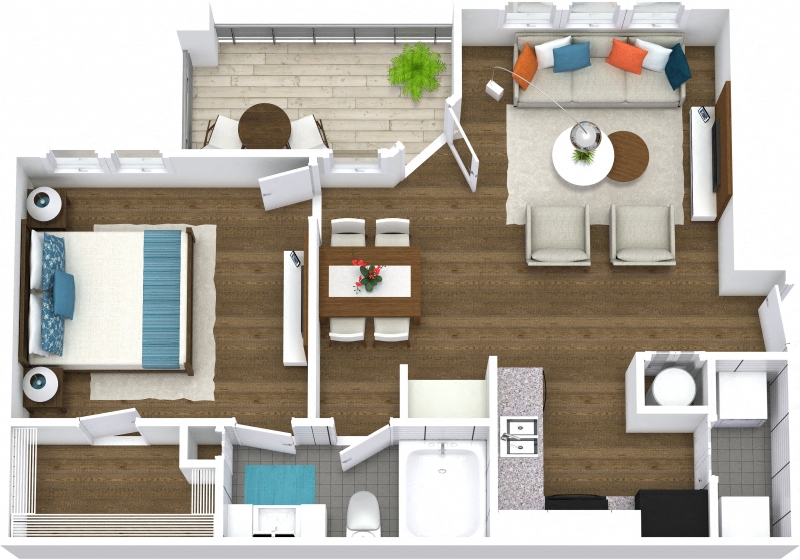 Floor plan for 1 bed, 1 bath, 728 sqft